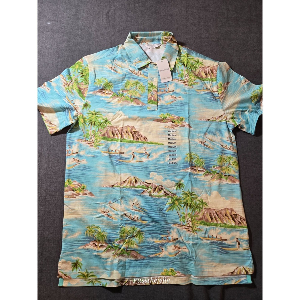 Tori Richard Men's Medium Hawaiian Polo Shirt Tropical Surf Island Print NWT